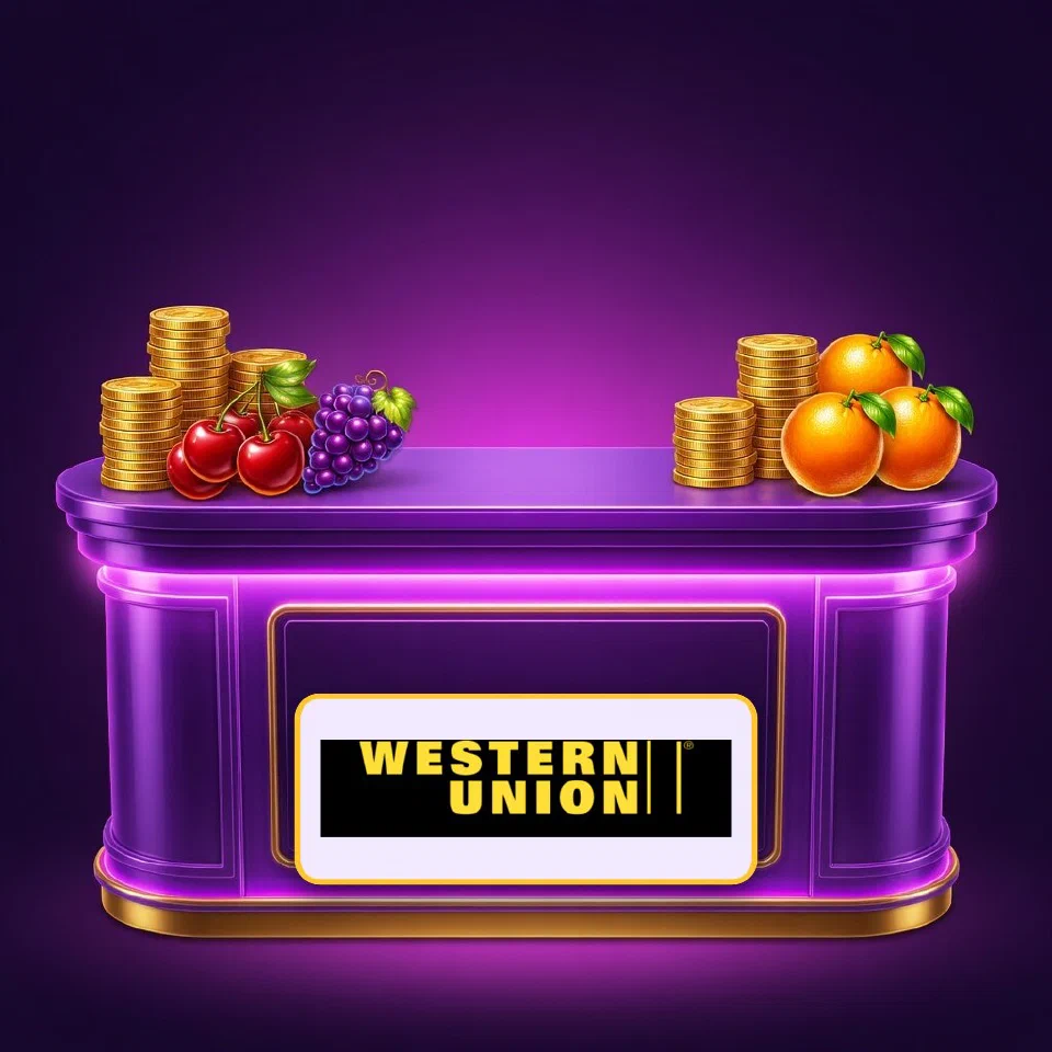 The black and yellow Western Union logo on a violet neon desk with coins and plums