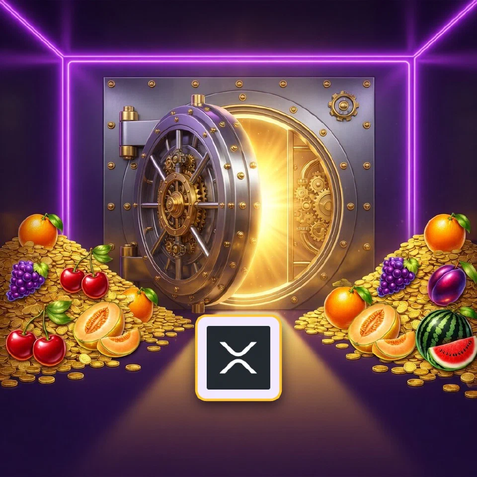 The XRP logo in front of a glowing vault entrance stacked with gold coins and fruit