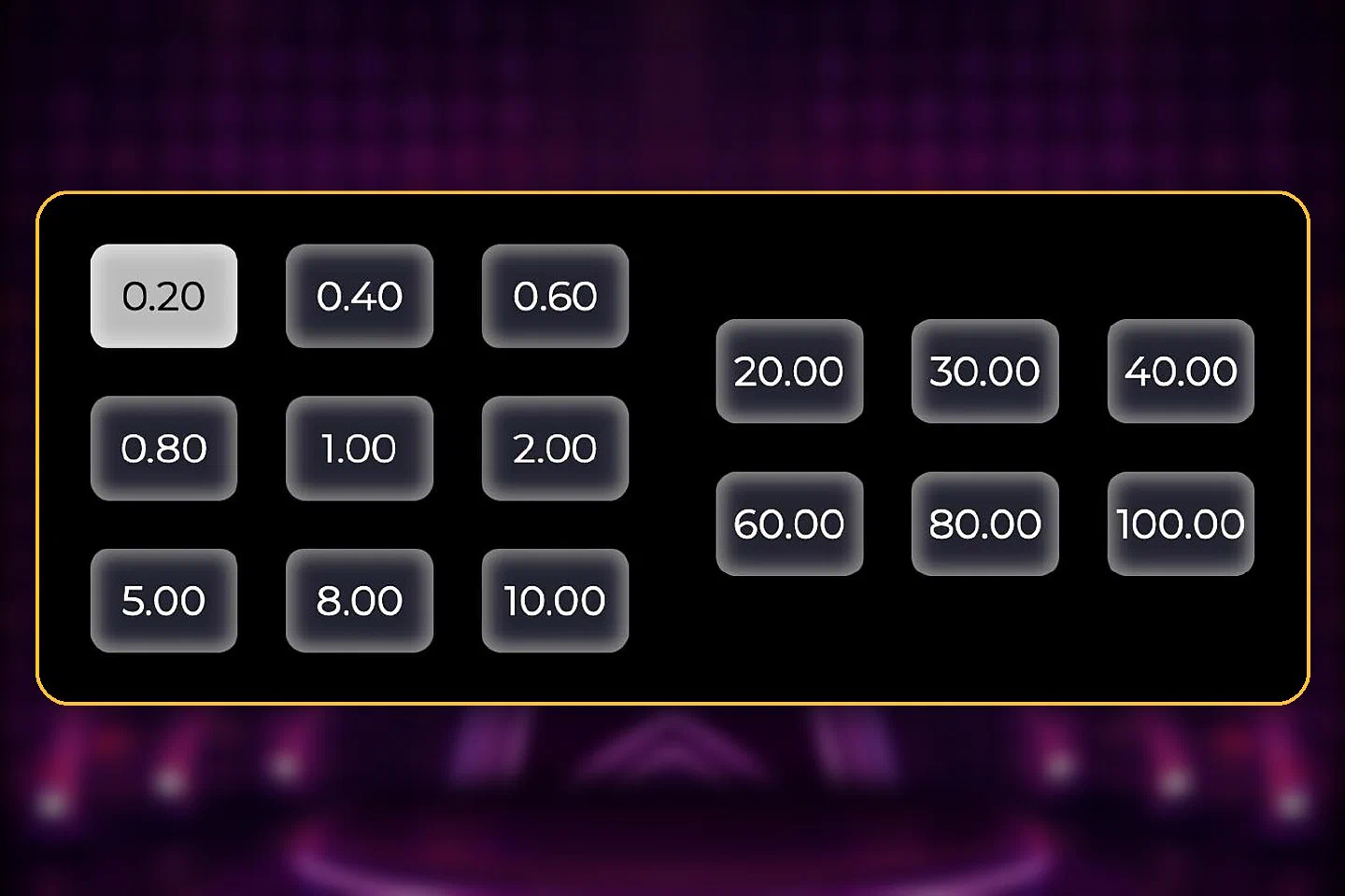 The Hit Hot Fruit bet panel on a phone with 15 stake levels from 0.20 to 100