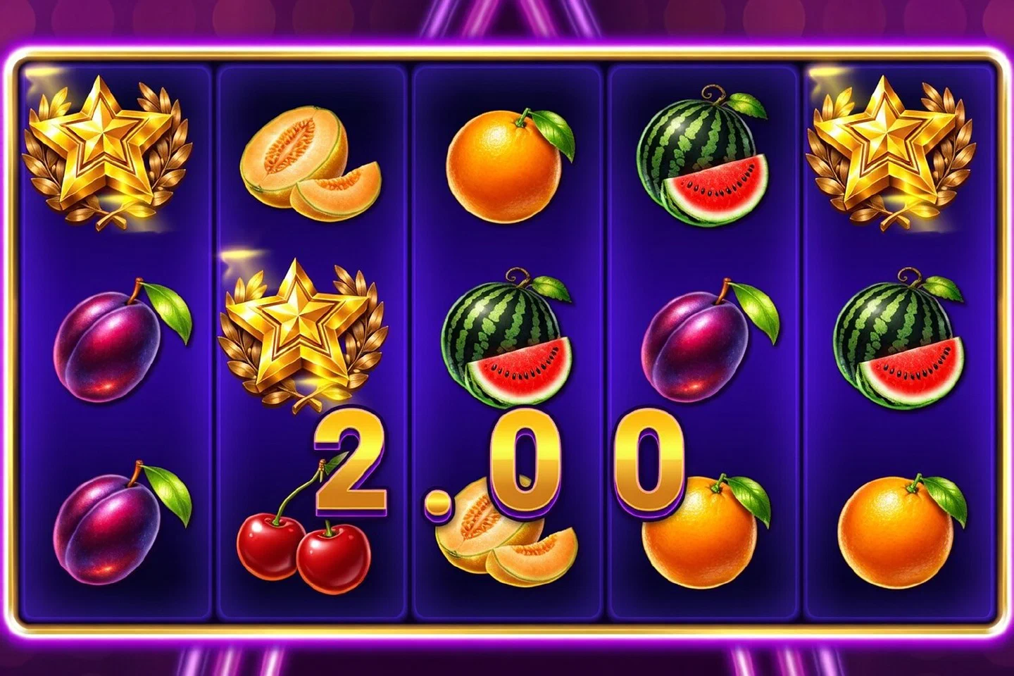 Three gold Star Scatters on the Hit Hot Fruit reels paying a scatter win