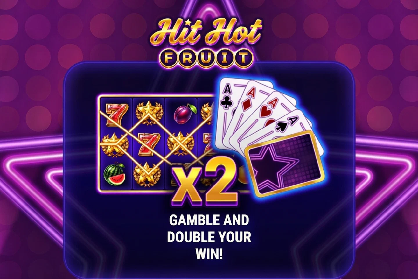 The Hit Hot Fruit splash screen announcing the Gamble feature and its x2 doubling